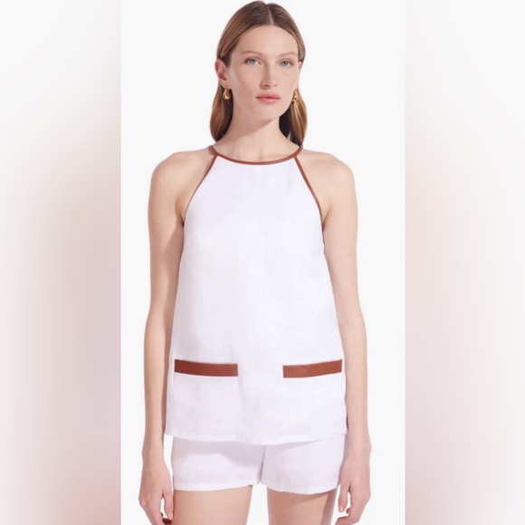 Staud Matheo Linen Leather Trim Romper in White Whiskey NWT - Picture 5 of 14